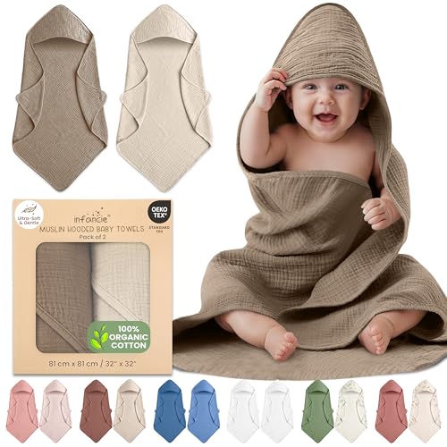 OEKO TEX 100% Organic Cotton 2 PK Muslin Baby Hooded Towel Toddler 32x32 in
