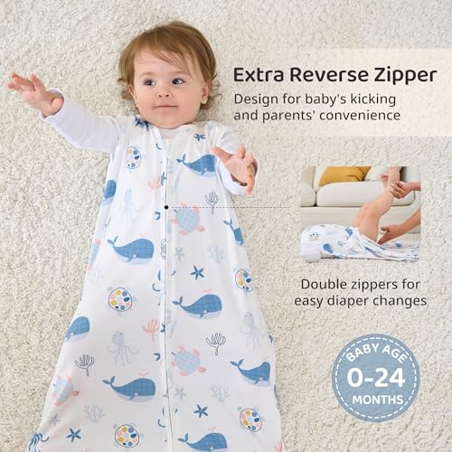 FIEMOL Baby Sleep Sack 0-6 Months, 0.5 TOG Wearable Blanket for Baby Boy and Girl, 2-Way Zipper Newborn and Infant Sleeping Bag 2 Pack, Lightweight Sleep Sacks Blue Whale（Small）