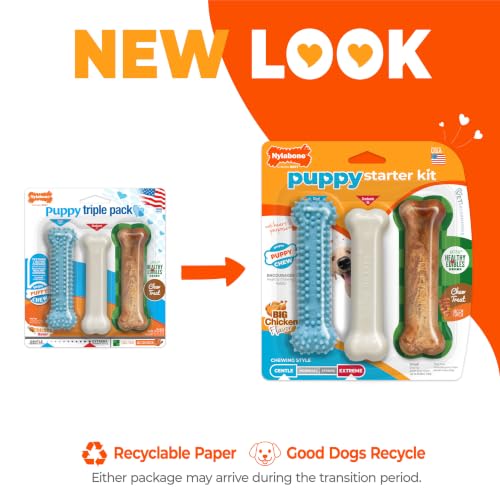 Nylabone New Puppy Starter Kit, Chew Toys & Natural Chew Treat for Puppies, Puppy Enrichment Teething Toys, Blue, Long Lasting Chicken & Bacon Flavor, Small Dogs - Up to 25 Ibs, 3 Pack