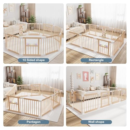 Ulnxiy Wooden Baby Playpen with Montessori Toys, 10-Panel Foldable Wood Play Yard for Toddlers, 84"x56" Large Baby Fence with Safety Lock, CPC Certified Natural Pine Wood Activity Center