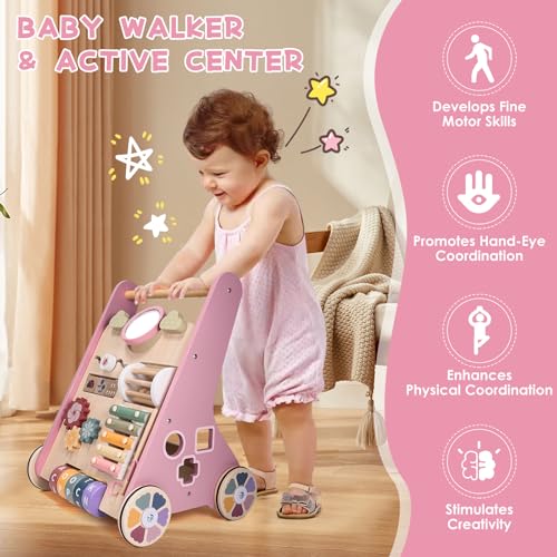 Wooden Baby Walker with Wheels, Adjustable Speed Baby Push Walker, Montessori Walking Toys for Girls Boys, Push and Pull Learning with Baby Activity Center, Christmas Birthday Gifts for Toddler