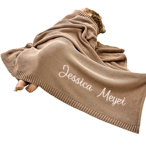 Personalized Custom Knit Baby Blanket w/Embroidered Name, 40 * 30 inch, Handmade Cotton Nursery Blankets, Customized Receiving Newborn for Boy Girls Kids, Birthday Christmas