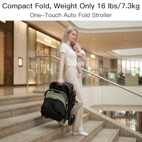 Gromast Gravity Folding Baby Stroller - Portable Travel Toddler Stroller w/Adjustable Backrest, Canopy & Cup Holder, Lightweight and UV Protected, One-Hand Automatic Folding - Green