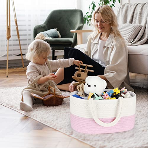 ABenkle Diaper Caddy Organizer, Cotton Rope Nursery Storage Basket Pink
