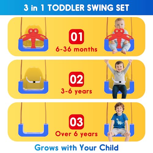 HAPPYMATY 3-in-1 Toddler Swing Set, Baby Swing with Safety Belt, Indoor/Outdoor, Easy to Assemble Kids Swing Seat with Sturdy Metal Stand for Playground, Backyard and Nursery, Blue Yellow