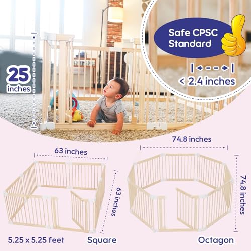 CONKKA Foldable Wooden Baby Playpen Large Play Yard for Babies, 2-in-1 New Mom Helper Portable Fence, 25" Tall Custom Wood Gate with Adjustable Size & Shape for Infants 3-18 Months -63x63x25 inch