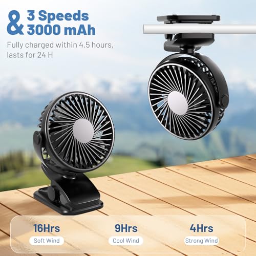 BDXXJ Portable Clip on Fan, 360° Rotate Battery Operated Stroller Fan, 3 Speed Quiet Mini Personal Table Fan, USB Rechargeable Clooing Fan for Outdoor Camping Golf Cart Stroller Home Office Black