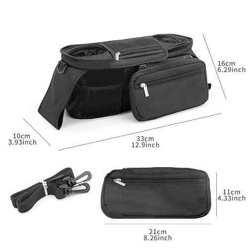 PandaEar Universal Stroller Organizer with Insulated Cup Holders, Parent Console Caddy with Detachable Shoulder Strap & Phone Pouch, Large Capacity Stroller Accessories Bag