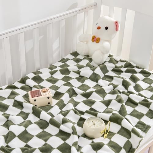 Yurhap Checkered Baby Blanket Fleece Baby Blankets for Boys, Ultra Soft Cozy Fluffy Infant Toddler Newborn Receiving Blankets for Crib Stroller, 30''x40'', Dark Olive