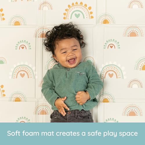 Infantino Foldable Soft Foam Play Mat, Reversible 57x57” Baby Mat for Floor Time, Lightweight, Portable & Easy to Store, Water Resistant, Wipeable, Rainbows