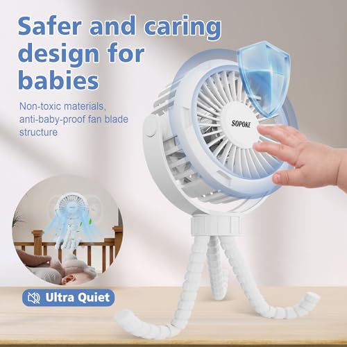 SOPOKE Mini Portable Baby Stroller Fan,3 Speed Personal Handheld Fan,Battery Operated Rechargeable 360° Flexible Tripod Cooling Fan, Suitable for Car Seat Crib Treadmill Golf Cart Travel(Yellow)