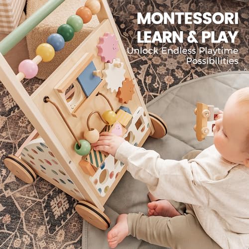 Tiny Land Wooden Baby Walker with Adjustable Speed, Montessori Activity Push Walker Toy for Toddlers, Baby Gift Parents Love for Boys & Girls(Morandi)