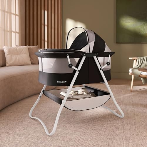 Dream On Me Karley Bassinet, Award Winner Lightweight Travel Baby Bassinet, Foldable Bedside Sleeper, Adjustable Double Canopy, Spacious Design, Soft Fabric, Storage Basket – Black