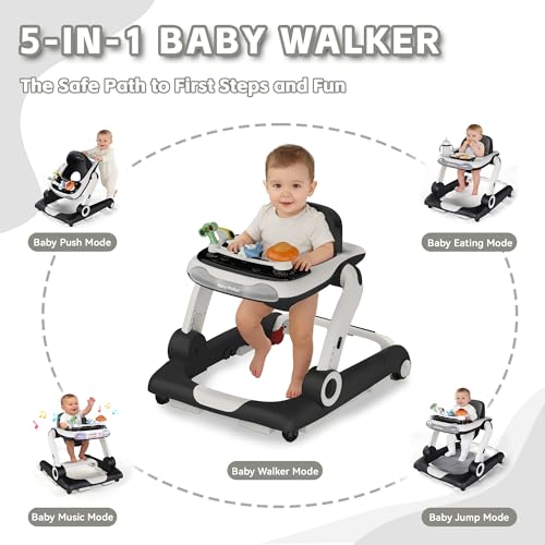 Baby Walker,4-Gear Height Adjustable Baby Walker with Wheels,5 in 1 Baby Activity Center,Music and Lights Bouncer Walker for Baby Boy 6-18 Months,Adjustable Speed Baby Push Walker