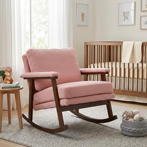 XJJWFR Rocking Chair Nursery, Compact Glider Rocking Chair for Indoor Use, Small Upholstered Rocker Chair for Bedroom Living Room, Teddy Fleece Accent Chair, Pink