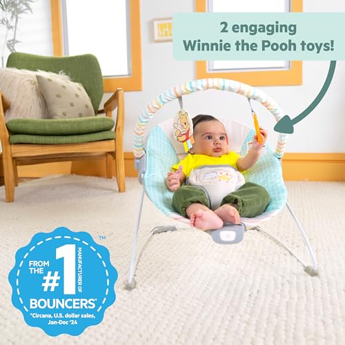 Bright Starts Disney Baby Winnie The Pooh Hunny Hues Bouncer with Soothing Vibrations, Unisex, Newborn+