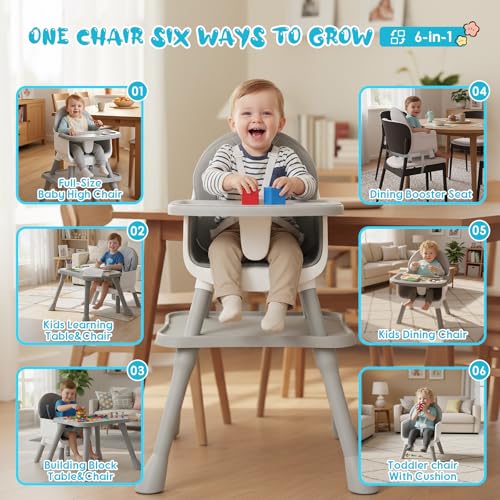 UNISWAN 6 in 1 Baby High Chair, Convertible Highchair for Babies and Toddlers (Grey)