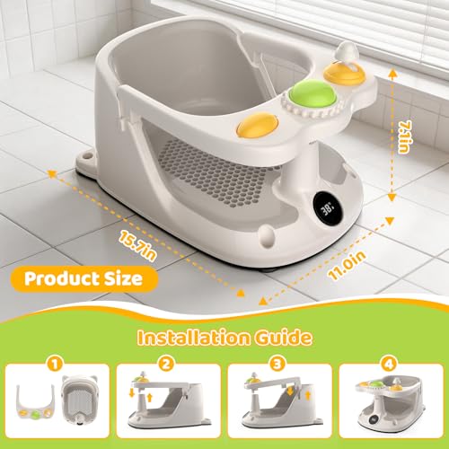 Baby Bath Seat for 8-18 Months, Non-Slip Toddler Bath Chair with Suction Cups & Temperature Display, Ergonomic Infant Bath Seat with Toy Tray, BPA-Free Baby Bath Tub Seat for Sitting Up