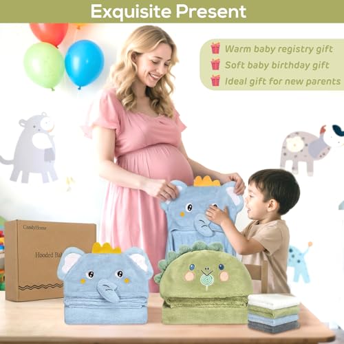 6 PCS Toddler Towels Set for Boy Girl 0-5 Year, 2 PCS Absorbent Hooded Baby Bath Towels Large 55" x 27.5" & 4 PCS Washcloths, Ultra Soft Toddler Newborn Bath Essentials Gifts, Dinosaur & Elephant