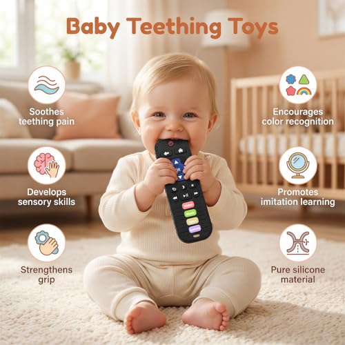 Baby Teething Toys, Remote Control Sensory Teether, Silicone Chew Toy for Teething Relief, BPA-Free Baby Remote Gift for Infants 3-6, 6-12 Months (Black)