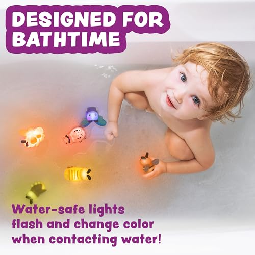 Tub Works® Bugs™ Light Up Bath Toys, 6 Pack | Water-Activated Light Up Toys Flash & Change Color | Easy-Grip Baby Girl & Toddler Bath Toys | Glow Bugs for Kids | Sensory Bathtub Toys with Bath Lights