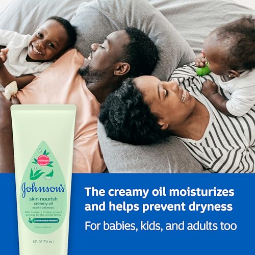 Johnson's Skin Nourish Creamy Oil, Aloe Scent & Vitamin E, Creamy Oil Helps Prevent Dryness & Moisturizes Baby's Delicate Skin for 24 Hours, Hypoallergenic & Non-Greasy, 8 fl. oz