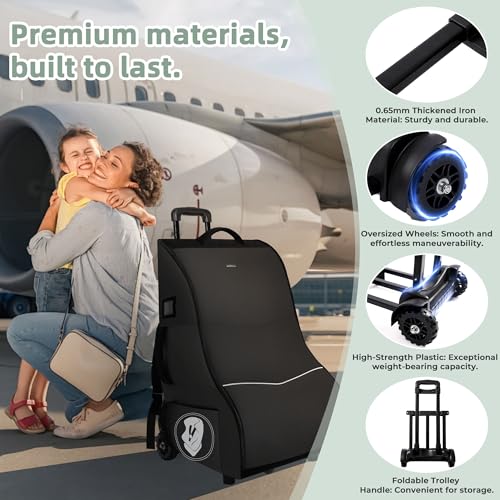 Wurzfolk Rolling Car Seat Travel Bag with Wheels – Car Seat Backpack Transport Case for Airplane Travel, Fits Convertible & Booster Seats, Protective Storage Cover, Black