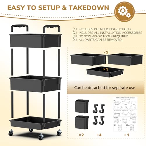 Goovilla Diaper Cart with Lockable Wheels and Easy Assembly, 3 Tier Black Rolling Cart for Baby Nursery Storage, Sturdy Ample Diaper Caddy Organizer for Baby Girl, Boy, New Mom, Newborn Essentials