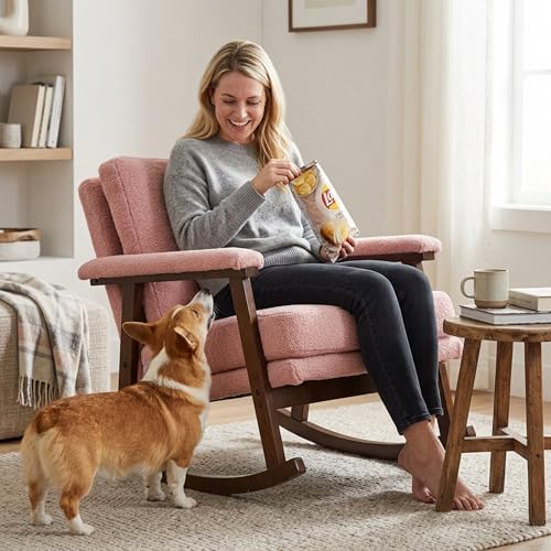 XJJWFR Rocking Chair Nursery, Compact Glider Rocking Chair for Indoor Use, Small Upholstered Rocker Chair for Bedroom Living Room, Teddy Fleece Accent Chair, Pink