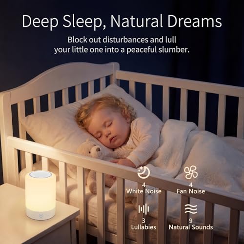 Night Lights, White Noise Machine – 20 Non-Looping Sleep Sounds, Rechargeable Battery, Touch Control, 6 Timers & Memory Function | Portable Sound Machine for Baby, Adults, Nursery, Travel