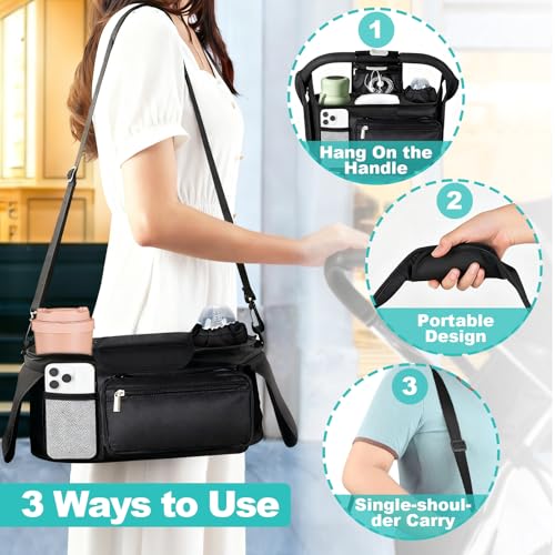 eutopic Universal Stroller Organizer with Insulated Cup Holder Detachable Phone Bag & Shoulder Strap, Bag Caddy Fits for Stroller like Uppababy, Baby Jogger, Britax, BOB, Umbrella & Pet Stroller