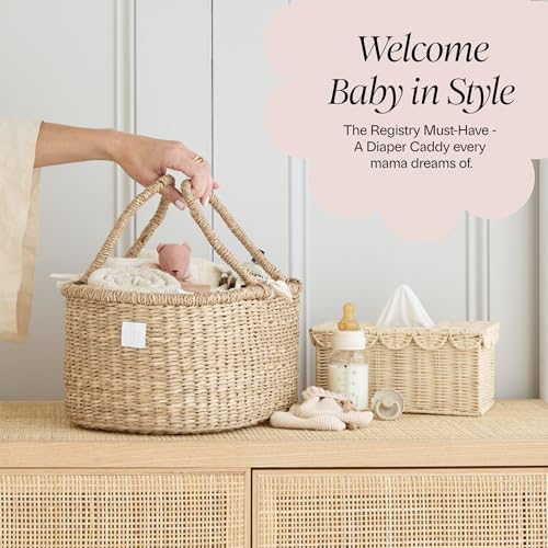 BEBE BASK Premium Baby Diaper Caddy Organizer - Artisan-Made Seagrass Basket With Cotton Divider - Award-Winning & Luxury Diaper Caddy Basket (ROSA)