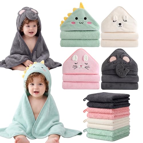12-Piece Baby Towel Set – 4 Hooded Bath Towels (31"x31") + 8 Washcloths (10"x10") – Soft & Absorbent for Newborns, Infants, Toddlers & Kids – Unisex Gift for Baby Boy or Girl
