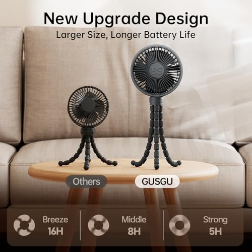 GUSGU Mini Portable Handheld Fan USB Rechargeable Battery Operated, Stroller Fan with Flexible Tripod Clip on for Baby (Jet Black)