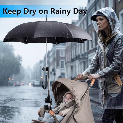 Umbrella Holder for Stroller Chair, 360° Adjustable Clip On Umbrella Attachment, Universal Umbrella Clamp Mount for Golf Cart, Wheelchair, Beach Chair, Camping Chair Outdoor Auto Scooter