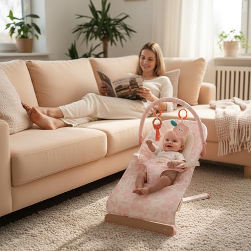 Tiny Marvels Baby Bouncer, Portable Infant Bouncer Seat with Soothing Music & 3-Point Harness, Foldable and Lightweight for Newborn to Toddler 0-12 Months, Under 20 lbs