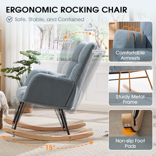 Sudwesto Nursery Rocking Chair, Teddy Upholstered Glider Chair with High Backrest, Tufted Rocker Glider Chair with Thick Cushion, Cozy Rocking Armchair, Rocker Padded Seat for Bedroom(Blue)