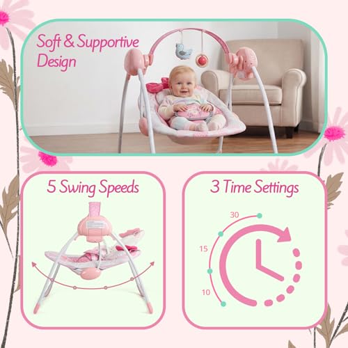 Portable Baby Swing, Pink Electric Infant Swing with 5 Speed Levels, 6 Songs & Timer – Battery-Powered Only (No Batteries Included) Pink and White