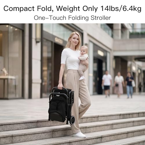 Gromast Compact Fold Baby Stroller, Lightweight Travel Toddler Stroller with One-Click Fold, Extendable UPF50+ Canopy, Cup Holder, UV Protected and Waterproof, One-Hand Folding - Black