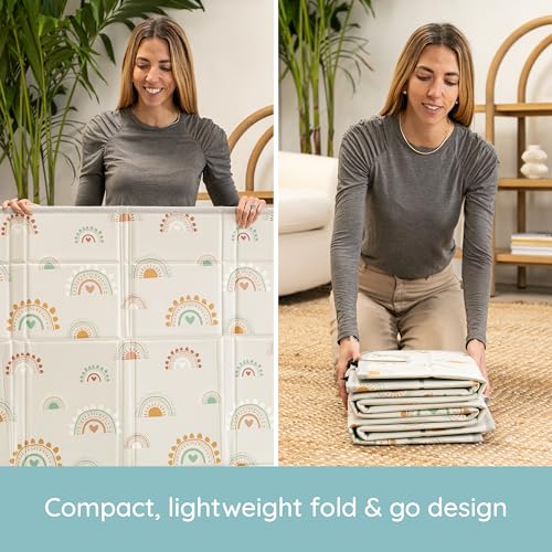 Infantino Foldable Soft Foam Play Mat, Reversible 57x57” Baby Mat for Floor Time, Lightweight, Portable & Easy to Store, Water Resistant, Wipeable, Rainbows