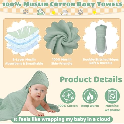 Flasoo 6 Pcs Muslin Hooded Baby Bath Towels Sets - 2 Pack 100% Cotton Baby Towel & 4 Pack Muslin Washclothes- 32x32Inch Baby Towels Cotton for Babies, Infants, Toddlers, 100% Cotton, Bath Essentials