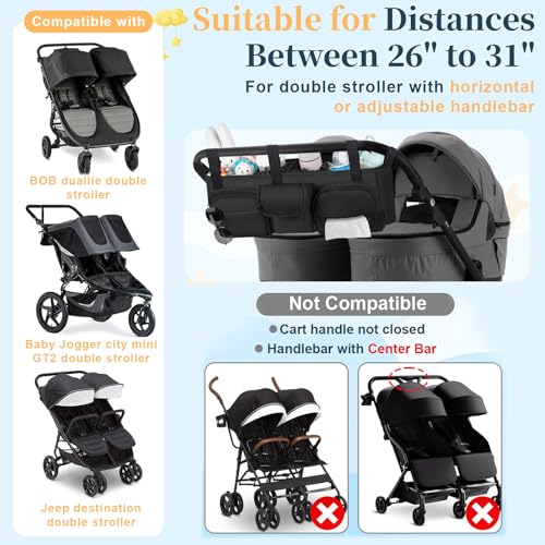 GDNasist Double Stroller Organizer Compatible with Bob Duallie and Baby Jogger City Mini GT2, Double Baby Stroller Accessories with Cooler Bag, Parent Console Double Jogging Stroller Caddy, Black