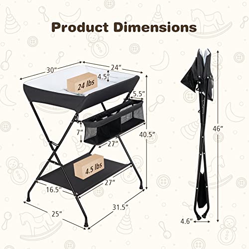 Costzon Changing Table, Portable Baby Changing Table Foldable Diaper Changing Station with Safety Belt, Large Storage Rack & Shelf, Nursery Organizer for Newborn Infant (Black)