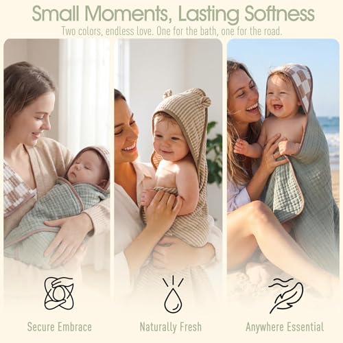 HardNok 4-Piece Muslin Baby Towel Set - Made with Organic Cotton, (2) 6-Layer 32x32 Towels & (2) Washcloths, Bath, Beach & Pool Gift Set (Neutral Sage Mix)