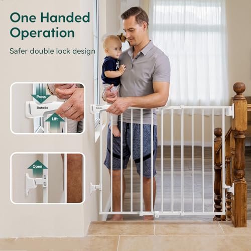 Babelio Baby Gate for Stairs, Kitchen & Doorways, 26-43" W 28" H No Bottom Bar| Easy Installation| One-Handed Operation| Auto-Close| Hardware Mount (Drill Needed) Safety Dog/Pet Gate Indoor (White)