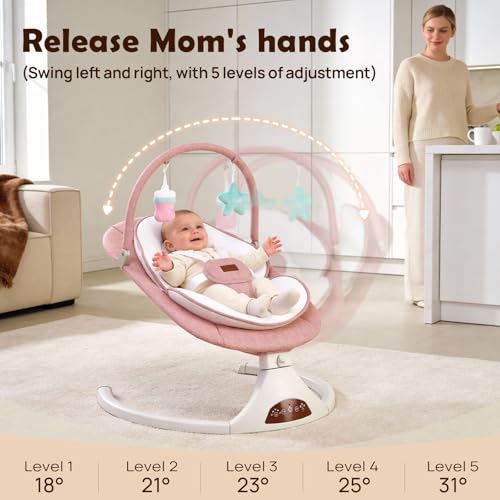 Baby Swings for Infants, Portable Stationary Infant Swing with 5-Speed Settings, Bluetooth Music & Timer, Suitable for Newborns up to 9 Months (Pink)