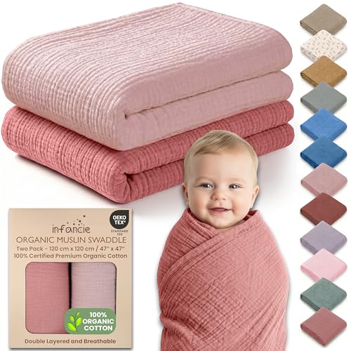infancie Organic Muslin Baby Blanket 2-Pack Rose & Peach, 47x47 Inch 100% Organic Cotton Oeko-TEX Certified Hypoallergenic Swaddle Blanket for Newborn Girls, Elegant Baby Girl Shower Gift