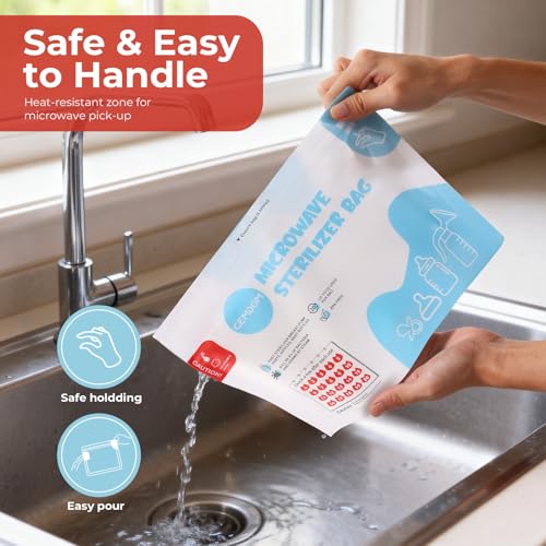 Gemdom 15 Pack Microwave Steam Sterilizer Bags Plus, Large Size for Baby Bottles Soothers, Teethers, Breast Pump Parts, Training Cups and Accessories, 20 Uses Per Bag, Baby Travel Essential