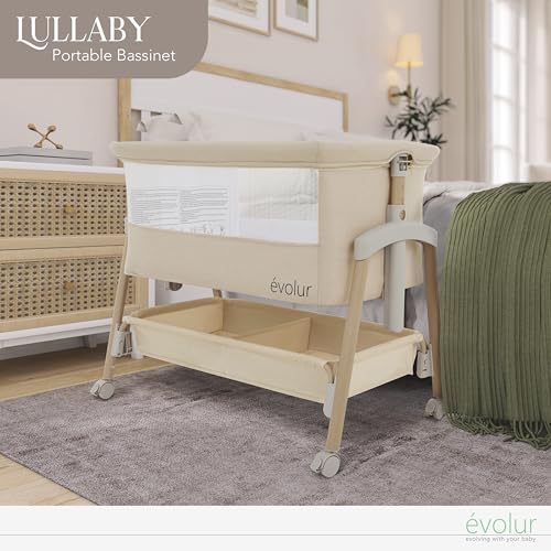 Evolur Lullaby Portable Bassinet with Wheels, Adjustable Bedside Sleeper, Breathable Mesh Sides, Large Storage Basket, Easy Fold, and Travel Bag Included, Perfect for Newborns & Infants - Biege