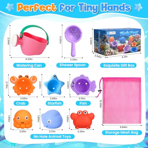9 PCS Baby Bath Toys for Kids Ages 1-3, Mold Free Toddler Bath Toys for 2-4 with 3 No Hole Squeezing Marine Animals Toys, Bathtub Beach Sand Water Table Toys for 1 2 3 Years Old Girls Boys Gifts